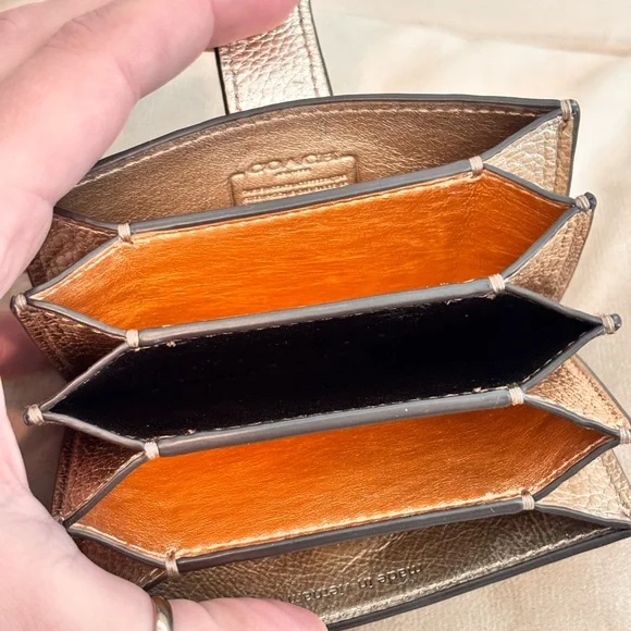 COACH Champagne Metallic Pebbled Leather Accordion Card Case - Picture 9 of 12